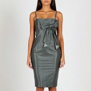 Ted Baker Grey Dress Bow Spagetti Strap Size 2 Wool Silk Blend Fitted Sheath